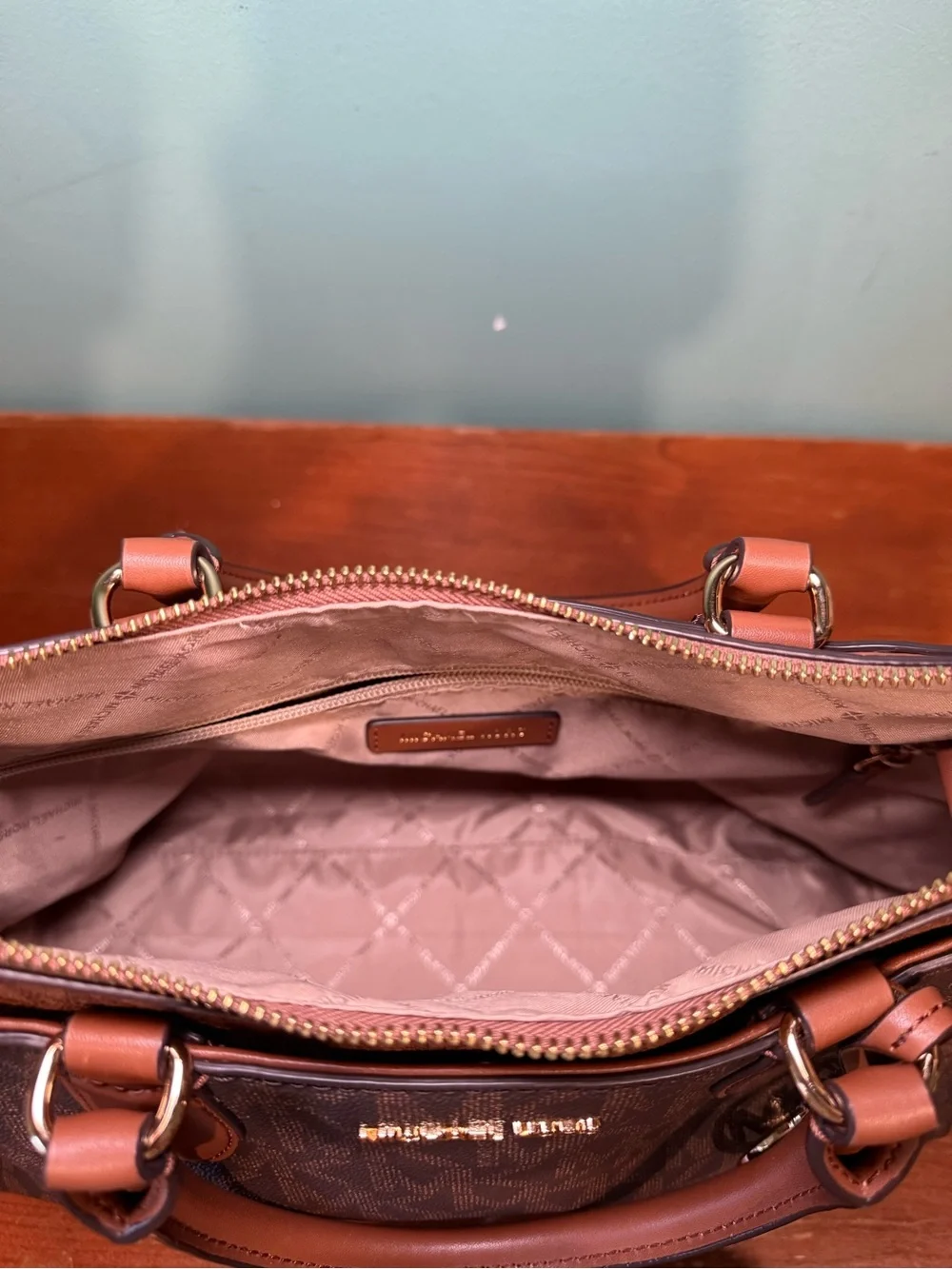 Michael Kors Brown and Tan Signature MK Tote with Gold Accent